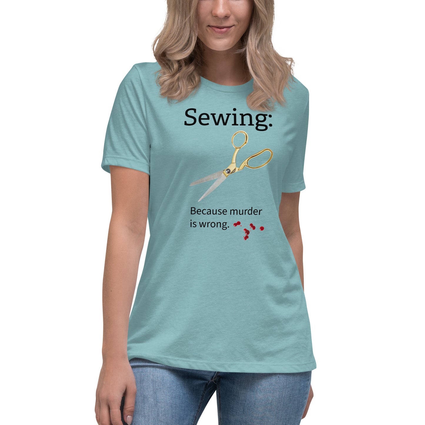 Model wearing Sewing: Because Murder is Wrong t-shirt in heather blue lagoon