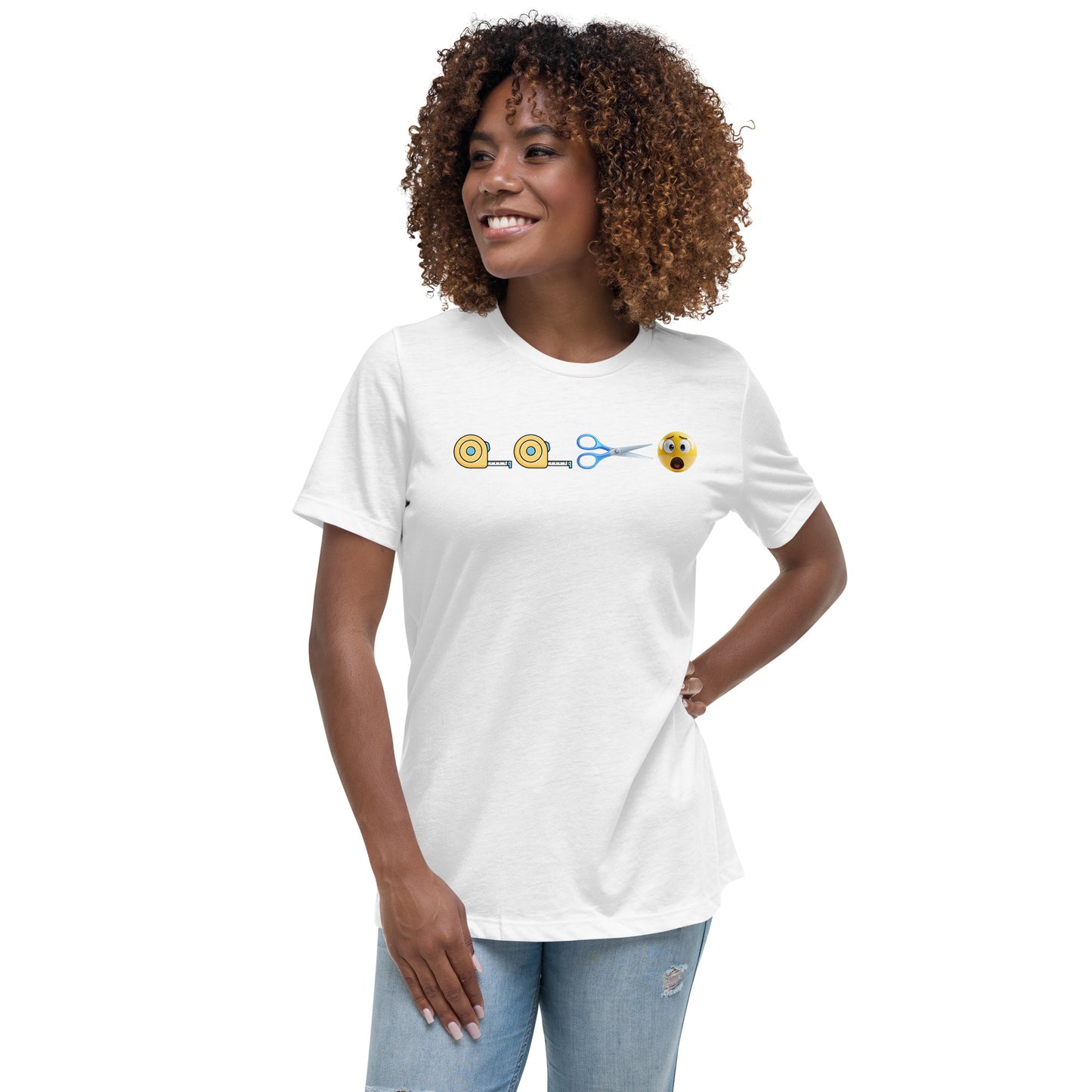 Model wearing Measure Twice, Cut Once, Panic — emojis t-shirt in white