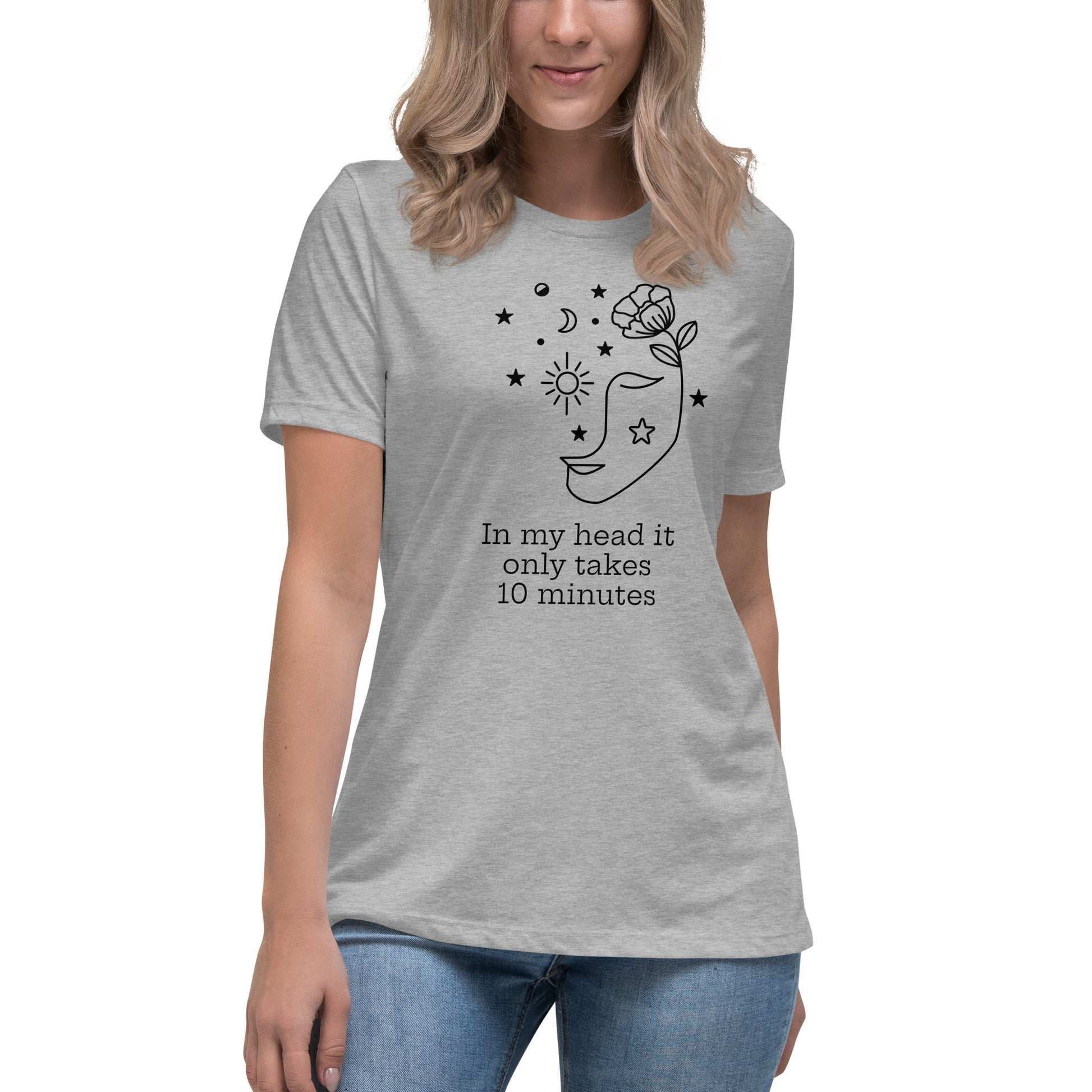 Model wearing In My Head It Only Takes 10 Minutes t-shirt in athletic heather