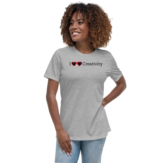 Playful creative shirt with script text 'I love creativity' and heart-shaped red sunglasses for artists and makers