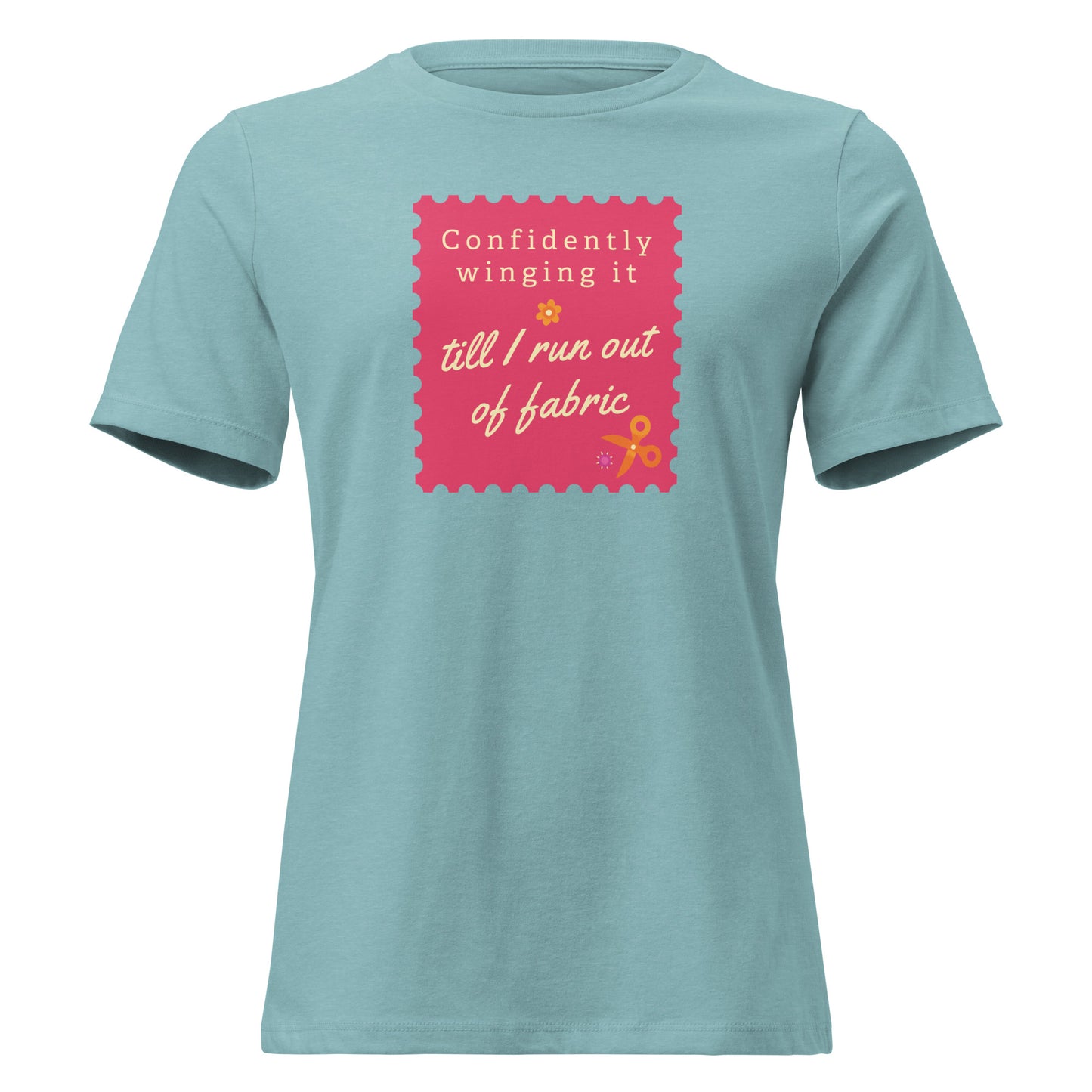 Funny sewing shirt with rose background and text 'Confidently winging it till I run out of fabric' for quilters and sewists