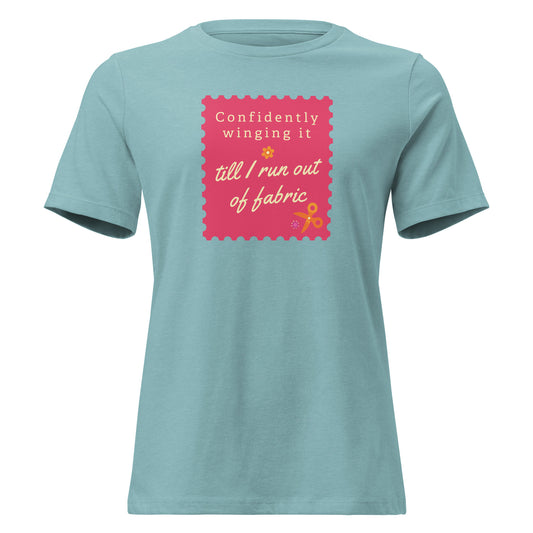 Funny sewing shirt with rose background and text 'Confidently winging it till I run out of fabric' for quilters and sewists