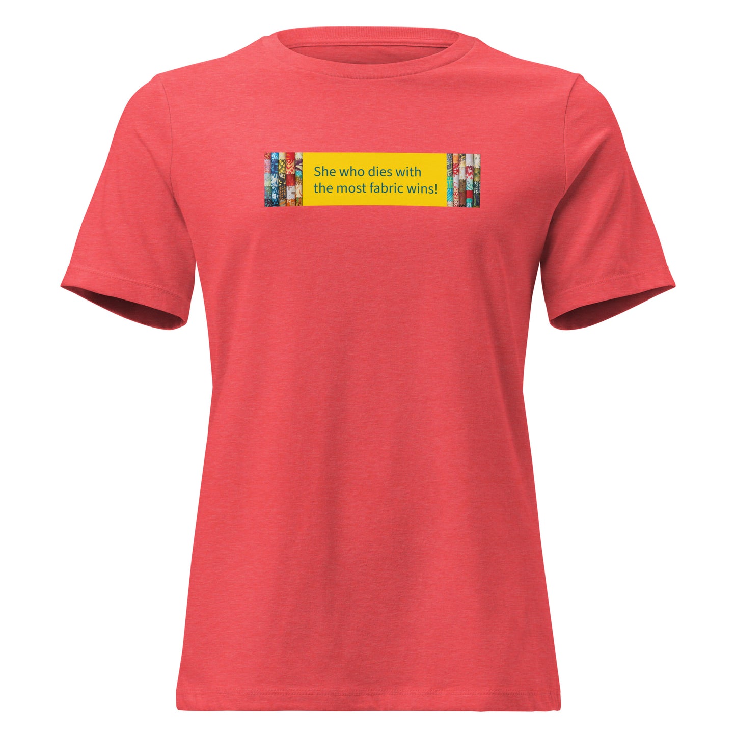 "Funny sewing shirt with colorful fabric stacks and gold background text 'She who dies with the most fabric wins' for quilters"
