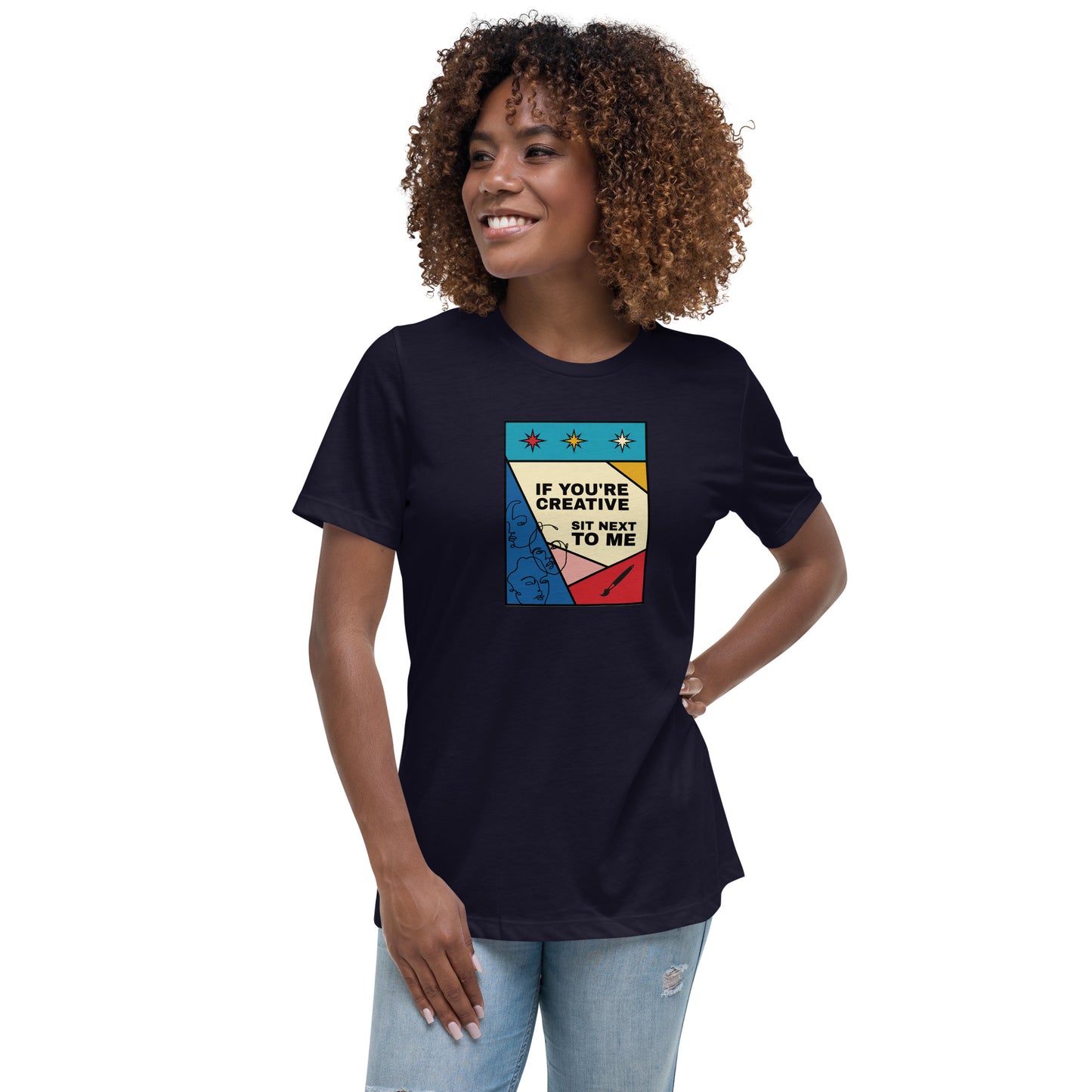 Vintage-inspired creative shirt with 1920s theater poster design in blues, gold, red and pink with text 'If you're creative, sit next to me