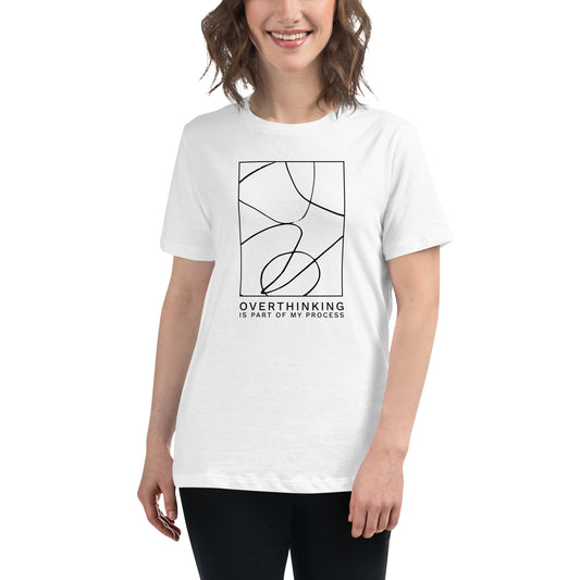 Minimalist maker shirt with abstract line drawing and text 'Overthinking is part of my process' for creative thinkers