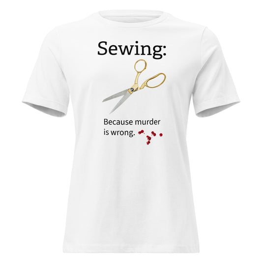 Edgy sewing shirt with scissors design and text 'Sewing because murder is wrong' for sewists with dark humor