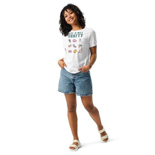 Fun craft shirt with illustrations of pens, tape, compass, and craft supplies with text 'Let's get crafty