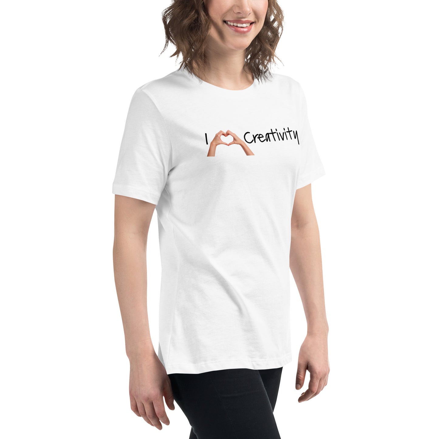 model wearing I Love Creativity — Hand Heart t-shirt in white
